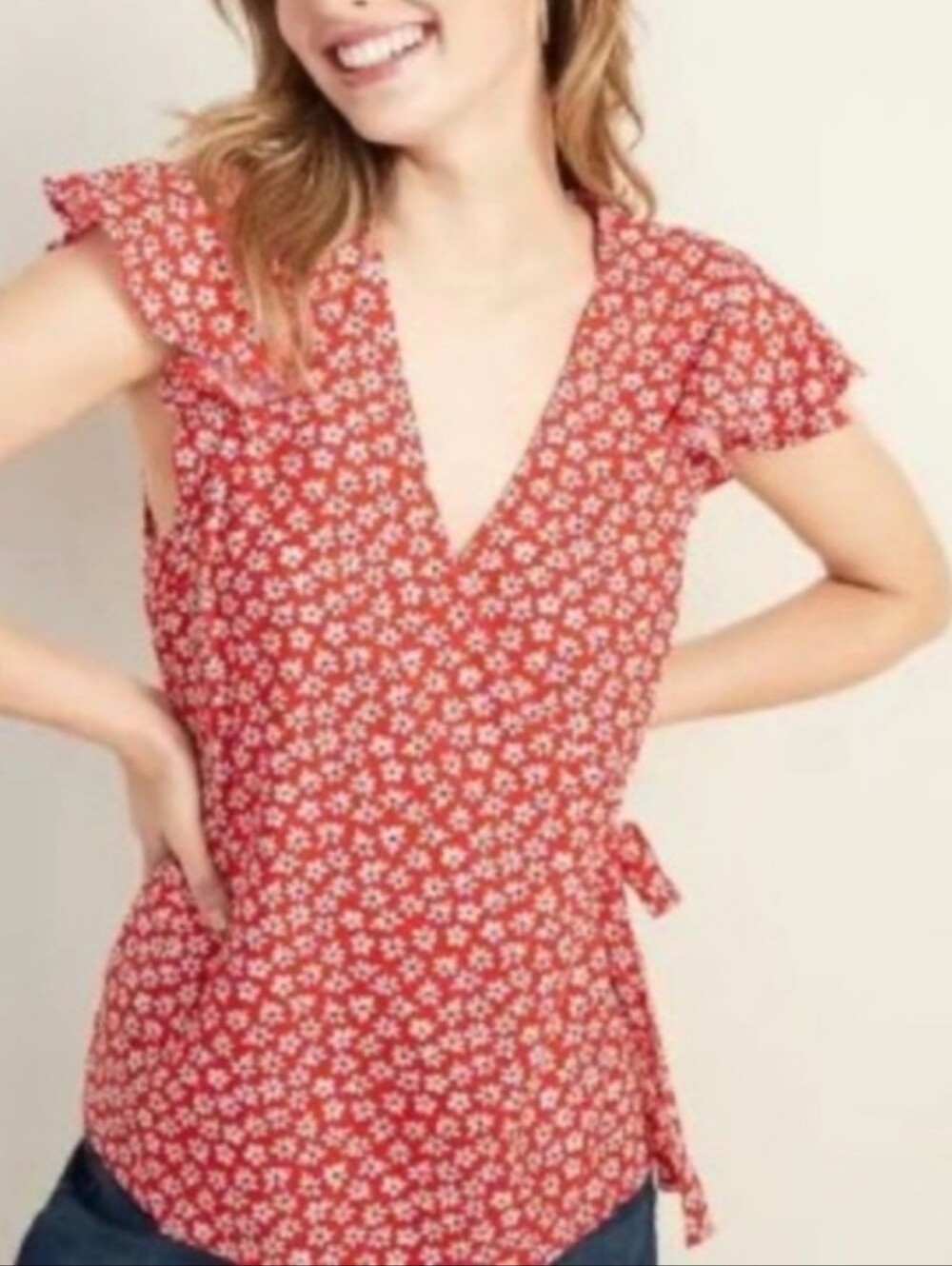Old Navy Red Floral Wrap Blouse